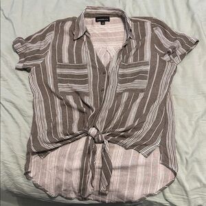 Olive Green and  White Striped Tie-Front Shirt. Worn once. PTP 21”.